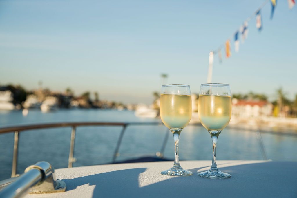 Wine on deck of luxury yacht in Huntington Beach, CA